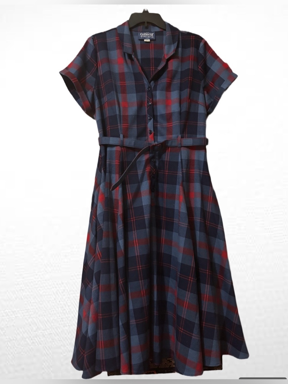 2000 Collectif Vintage Navy and Red Plaid 1940’s Style Swing Dress